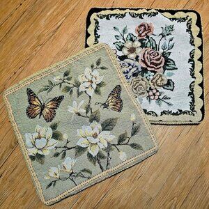 2 Reversible Tapestry Pillow Covers With Floral & Butterfly Designs 17"x17"
